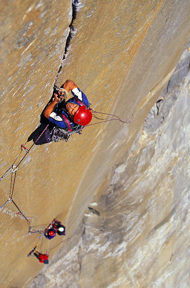 Chris McNamara climbing The Shield on El Capitan in Yosemite National Park, California.