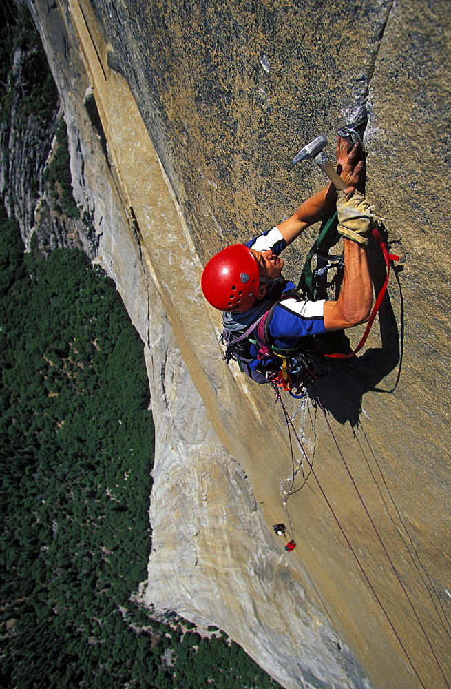 Chris McNamara climbing The Shield on El Capitan in Yosemite National Park, California.