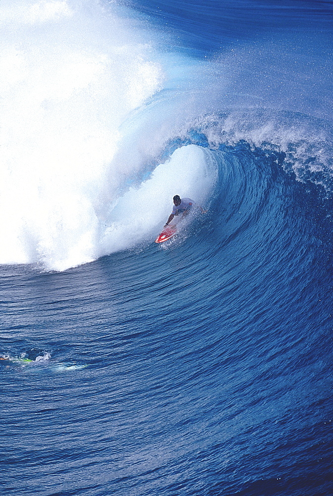 Pancho Sullivan, in the tube, photographed from helicopter, Teahupoo, Tahiti