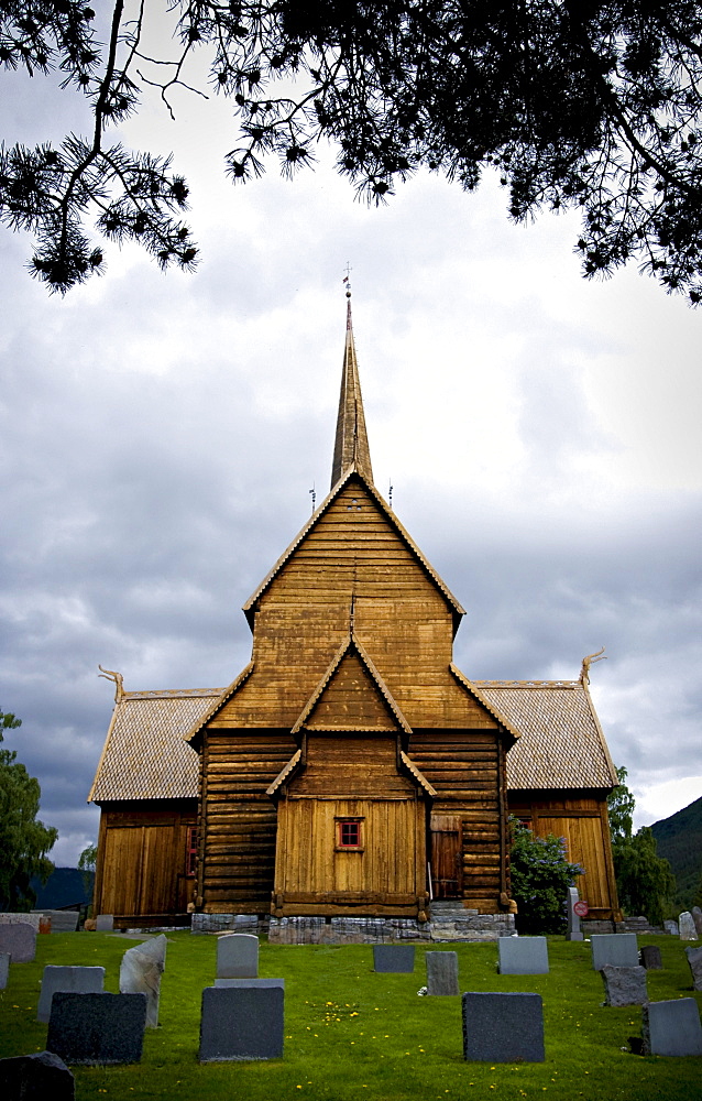 View of the exterior of Lom Stavkyrkje in Lom, Norway.