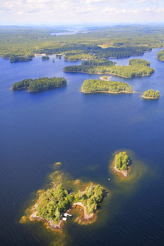 Looking down from the air at the islands in Sebago Lake, Maine