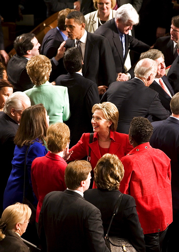 Senator and Presidential Candidate Hilary Clinton greets audience members after President of the United States George W. Bush gave his final State of the Union address to Congress at the Capitol Building on January 28, 2008 in Washington, D.C.