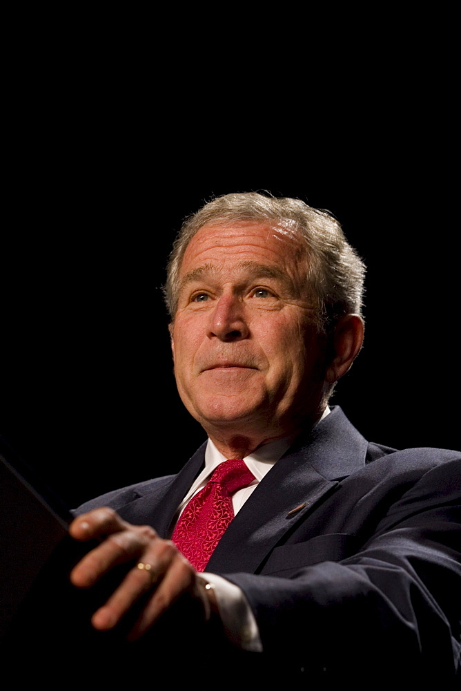 President of the United States of America George W. Bush addresses an assembly during the National Catholic Prayer Breakfast in Washington, D.C. at the Capitol Hilton on April 16, 2008.