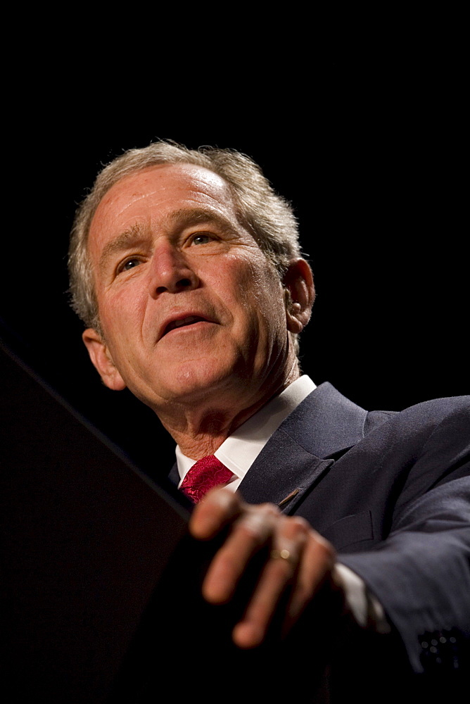 President of the United States of America George W. Bush addresses an assembly during the National Catholic Prayer Breakfast in Washington, D.C. at the Capitol Hilton on April 16, 2008.