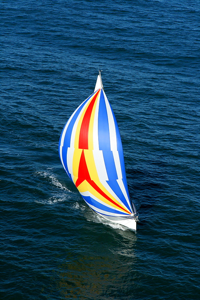 Aerial view of a sailing yacht with a colorful spinnaker cruising in Pittwater on the North Shore from Sydney, Australia.