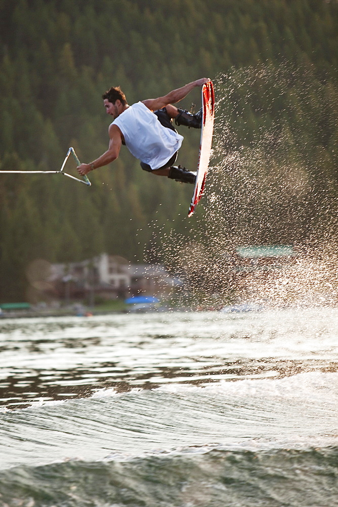 Male wakeboarding in Idaho.