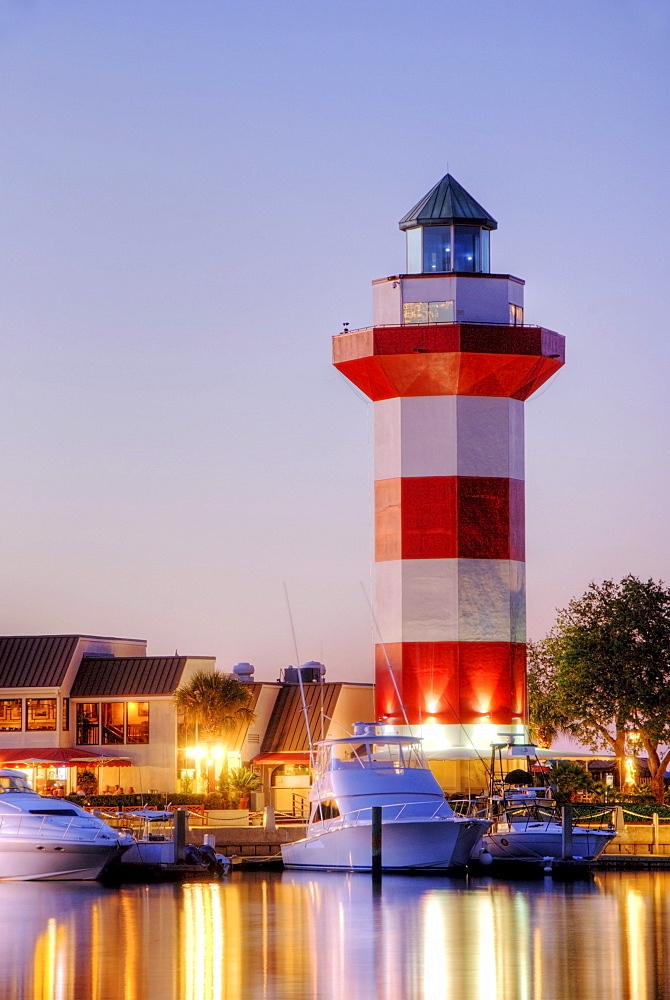 The famous Harbour Town Lighthouse at dusk on Hilton Head Island, South Carolina.