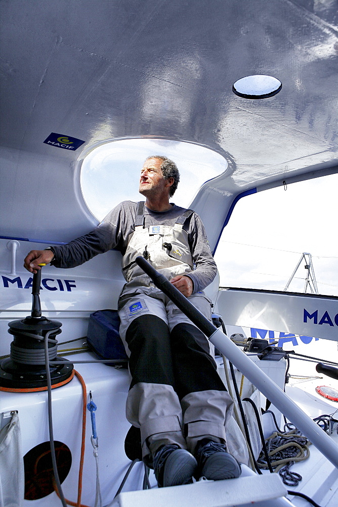 Onboard the IMOCA Open 60 Macif crewed by Francois Gabart and Michel Desjoyeaux during a training session before the Transat Jacques Vabre in the English Channel from Plymouth to Port la Foret after she won on her class the Rolex Fastnet Race.