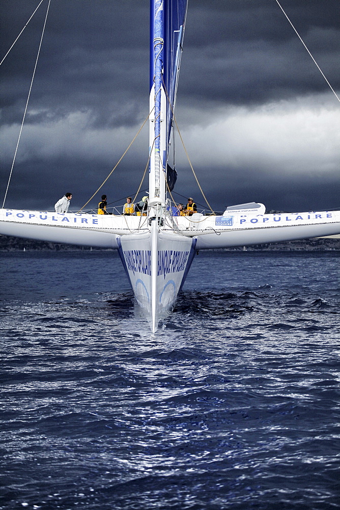 Armel Le Cl√©ac?h and the Maxi Trimaran Solo Banque Populaire VII Trans at the start of the record attempt  Marseille ? Carthage.