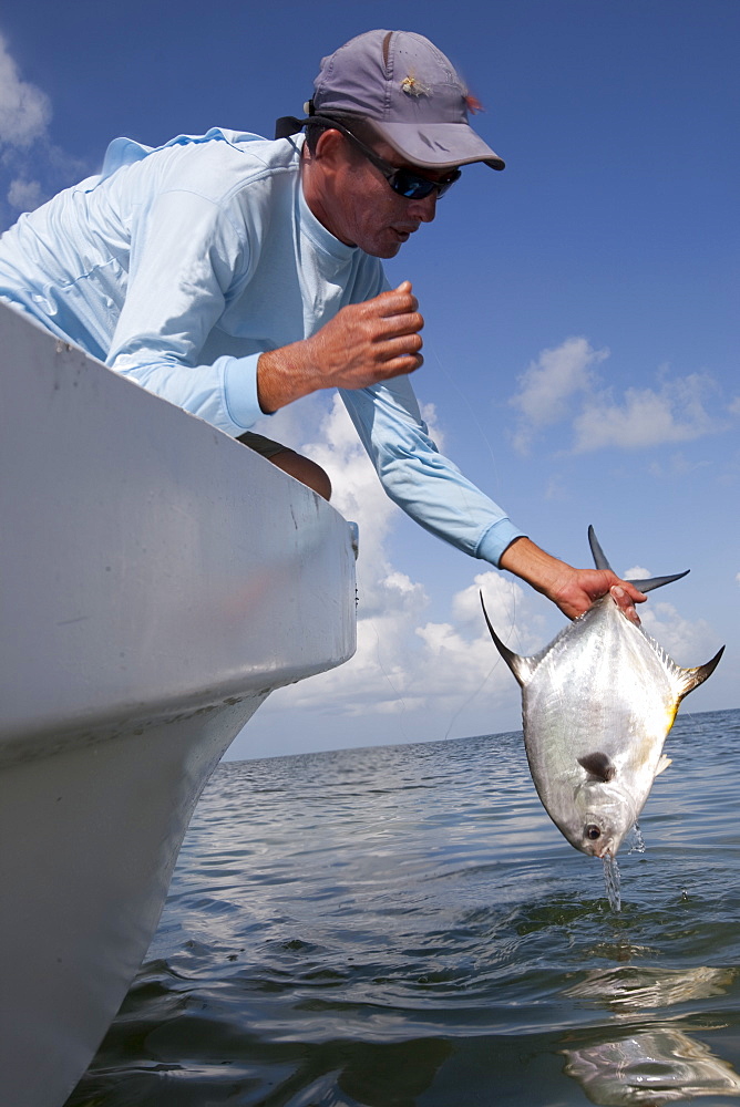 a fisherman holds up a freshly caught permit fish from the bow of his flats boat, San Pedro, Belize