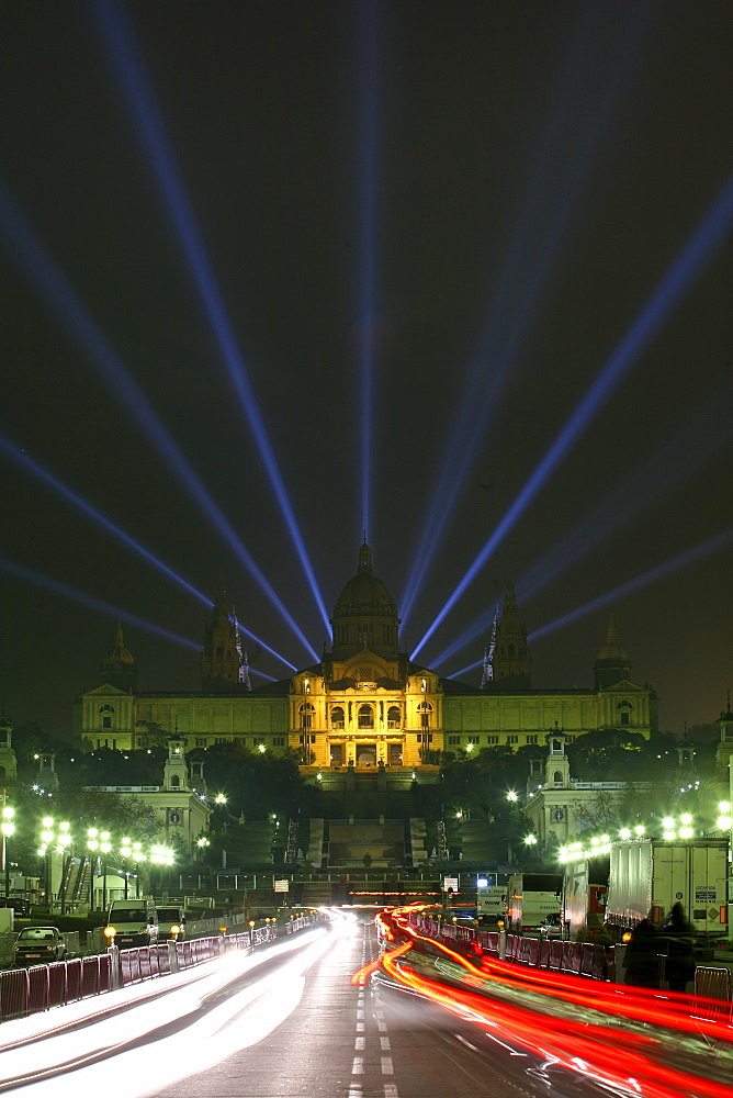 The National Art Museum of Catalonia, also known by its acronym MNAC, is illuminated at night in the city of Barcelona, Spain . Noted for its collection of Romanesque art, considered one of the most complete in the world.