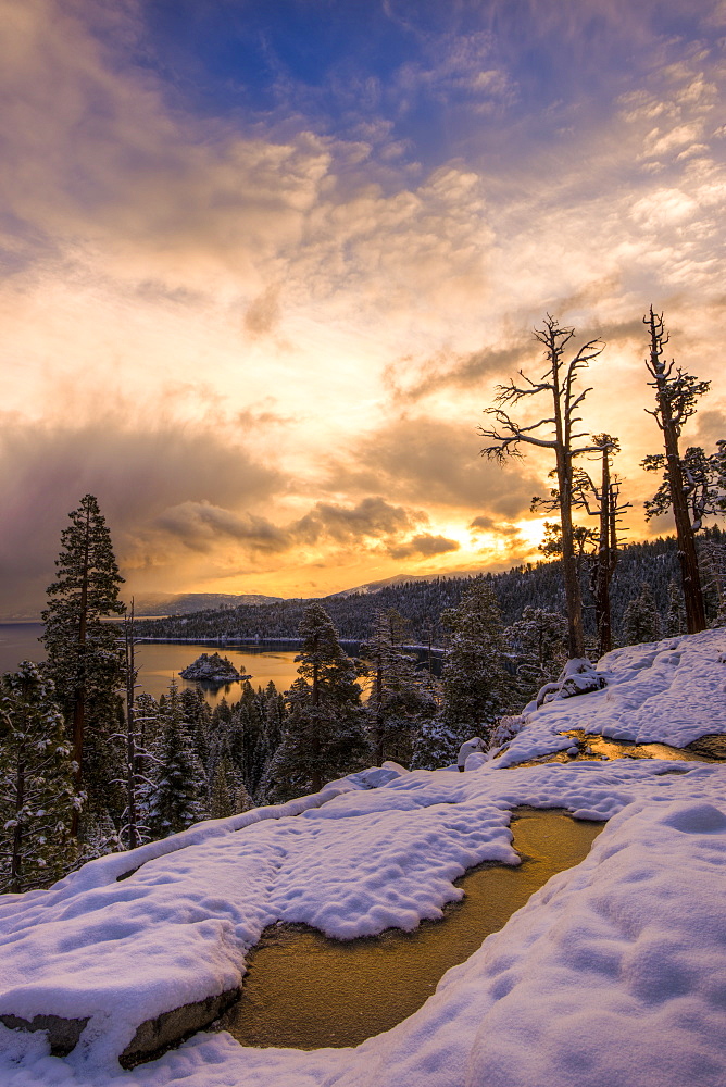 Snowy sunrise over Emerald Bay, Lake Tahoe