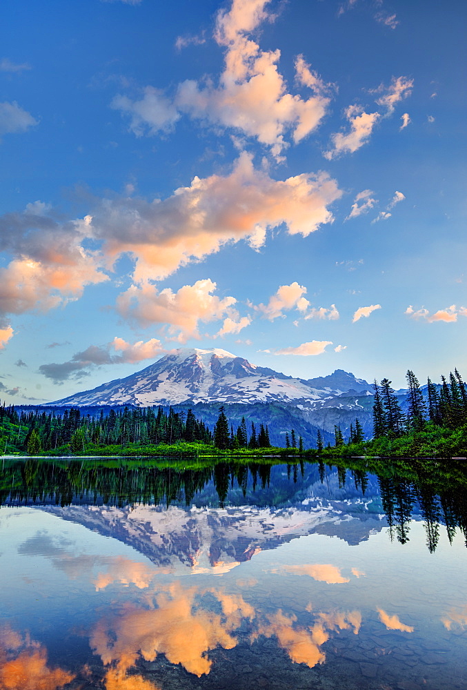 Mount Rainier reflected in pond at sunrise, Mount Rainier National Park