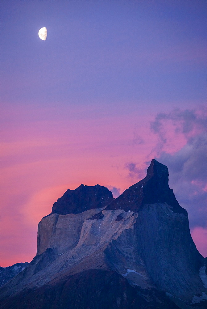 Moonrise over one of the iconic Cuernos in Chile's Torres del Paine national Park.