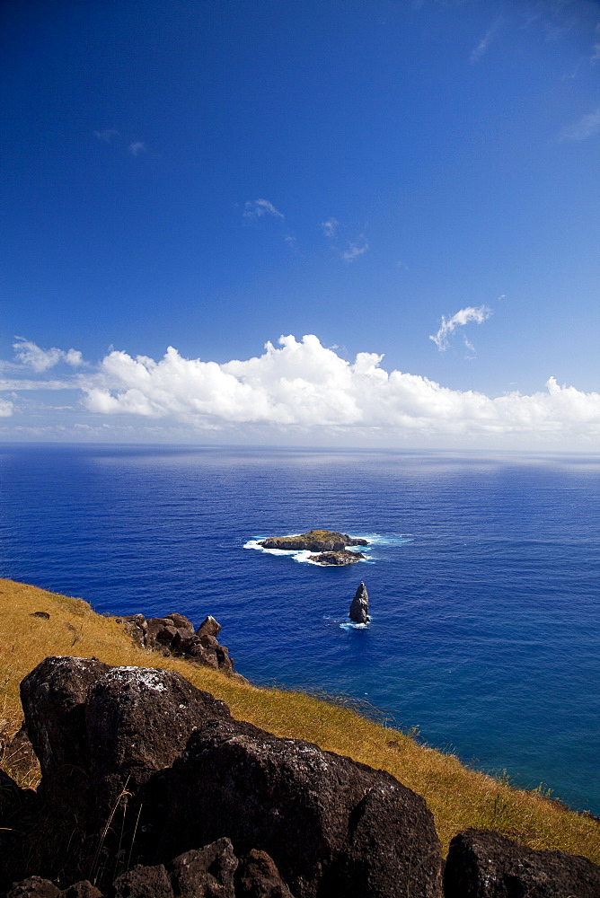 A view of the ocean from high on a bluff on the world's most remote island, Chile