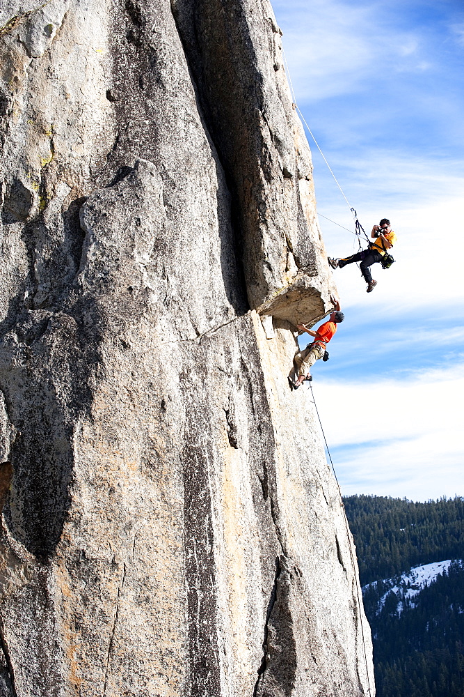 Corey Rich photographs Mitch Underhill on a climb on Lower Phantom Spire, South Lake Tahoe, CA, United States of America