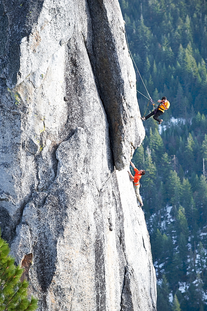 Corey Rich photographs Mitch Underhill on a climb on Lower Phantom Spire, South Lake Tahoe, CA, United States of America