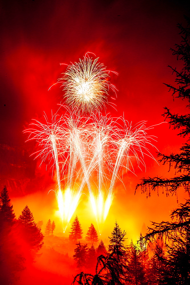 Fireworks above Toce Falls, Formazza Valley, during a fireworks competition