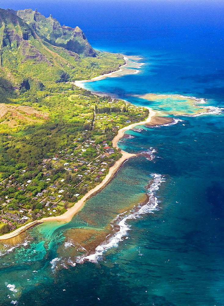 Haena and Tunnels Reef from the air, Kauai.