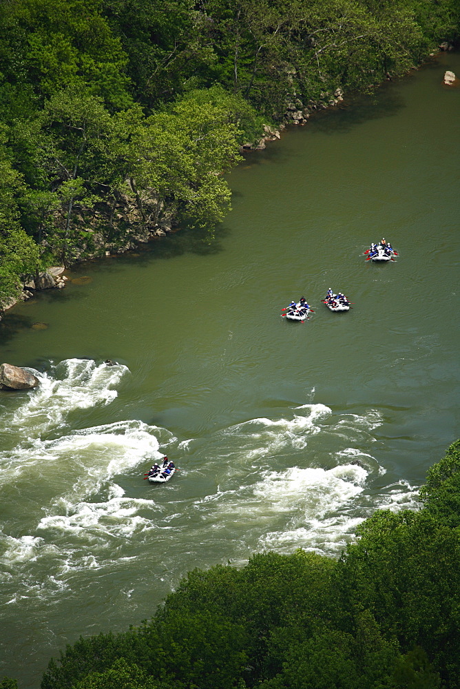 Aerial View of whitewater rafters in the New River in WV