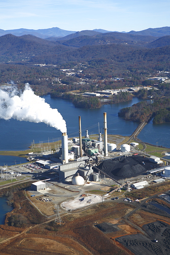 Aerial view of coal-fired power plant in Asheville, NC