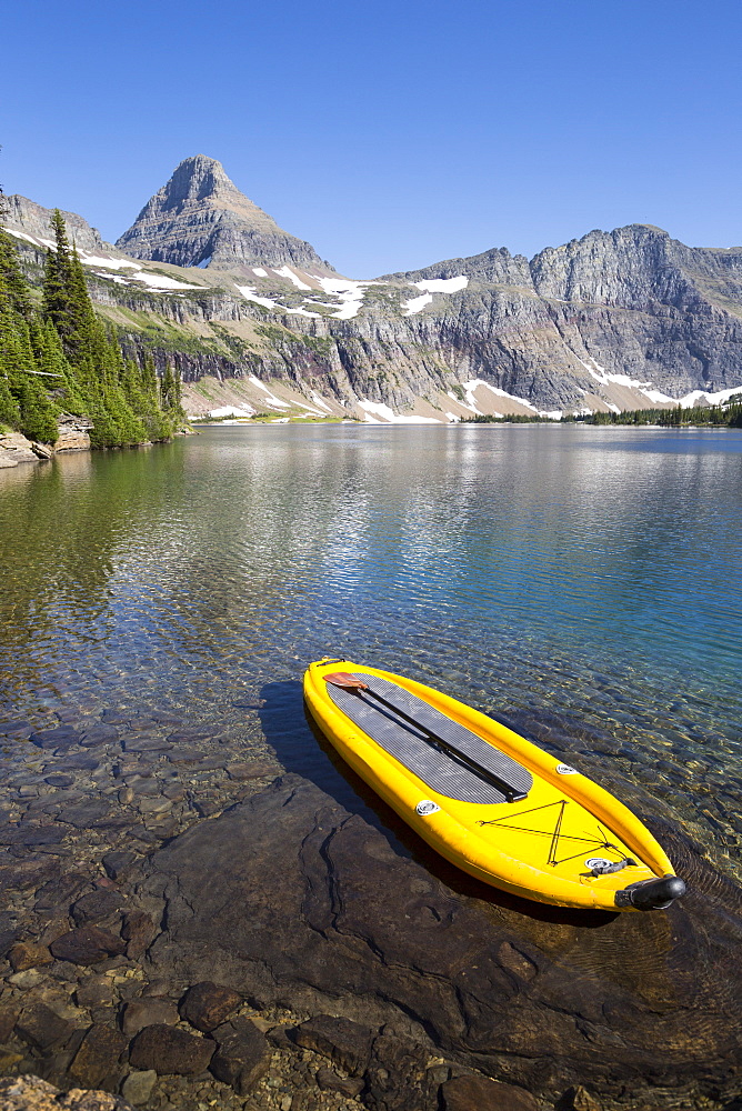 An inflatable stand up paddle board (SUP) at Hidden Lake in Glacier National Park.