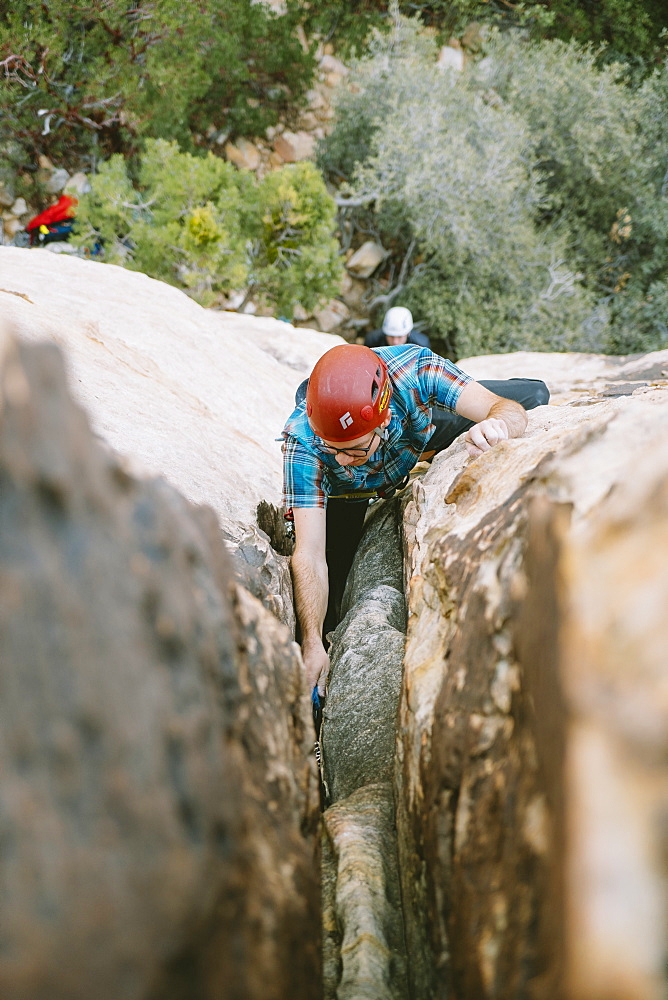 A climber leading "Revoked" (5.5) in Red Rock Canyon, Nevada