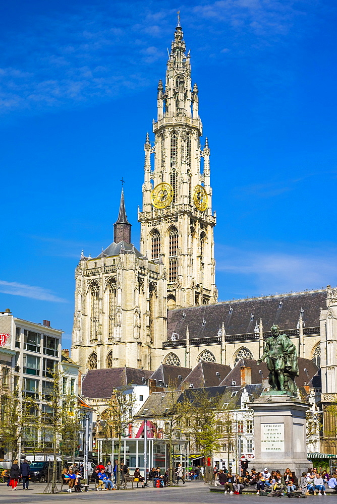 Tower Of Cathedral Of Our Lady On Groenplaats Square In Antwerp, Belgium