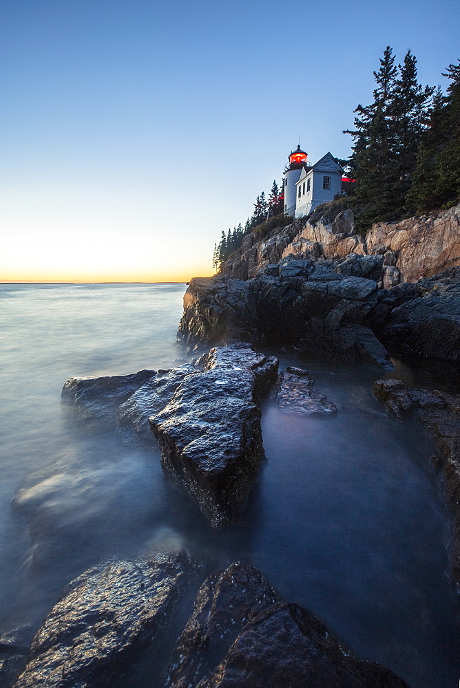 Bass Harbor Head Lighthouse at sunset in Acadia National Park