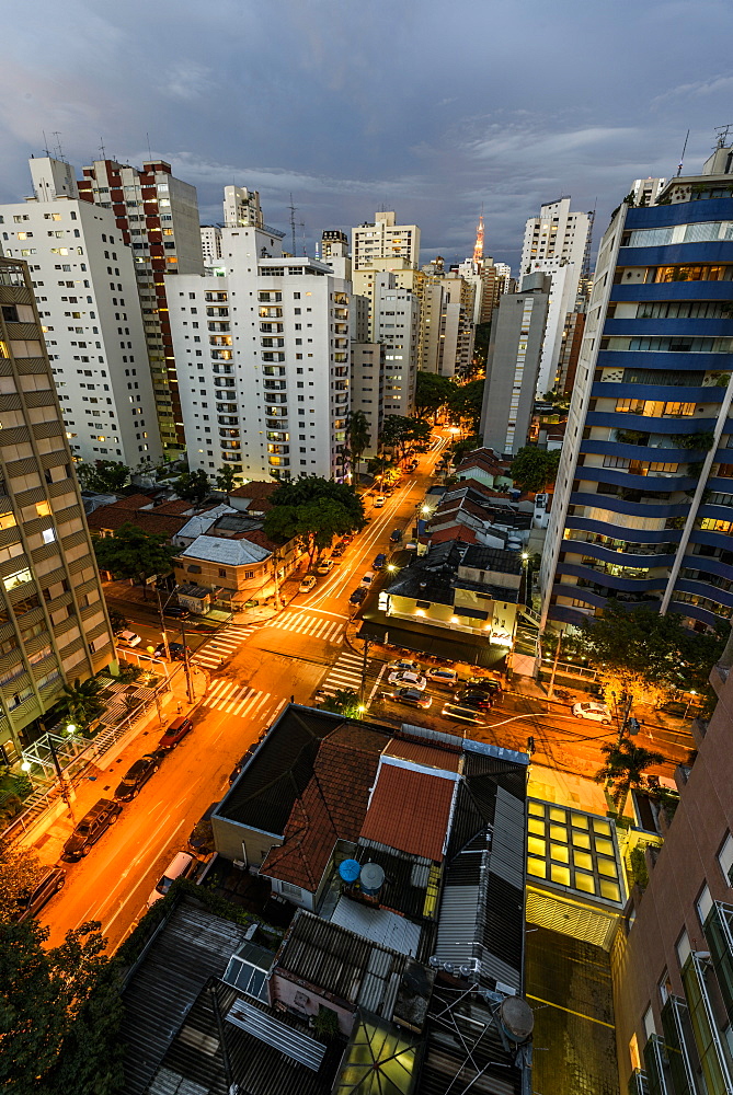 Early night view to tall residential buildings in central São Paulo, Brazil