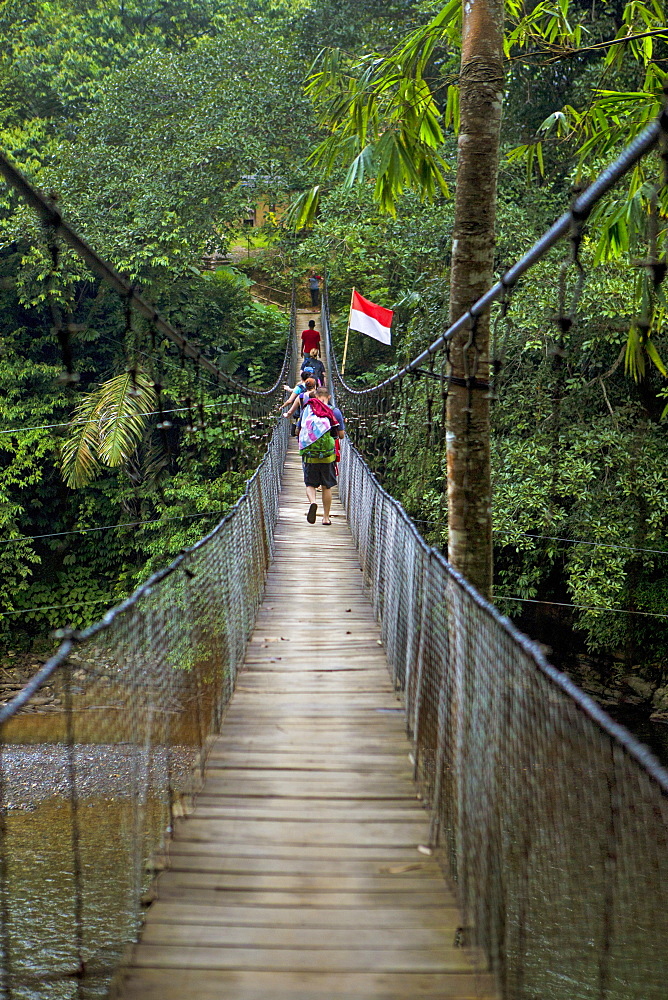 A group of travelers walk across a suspension bridge hanging over a jungle river near the village of Tangkahan, Sumatra, Indonesia