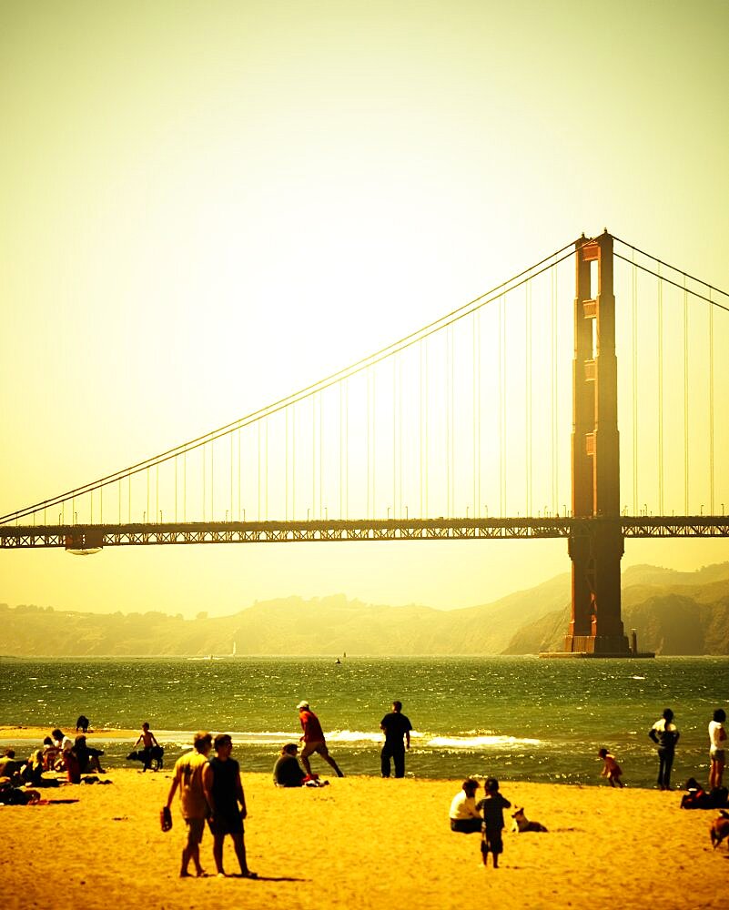 The beach at Chrissy Field with the Golden Gate Bridge in the background. San Francisco, CA