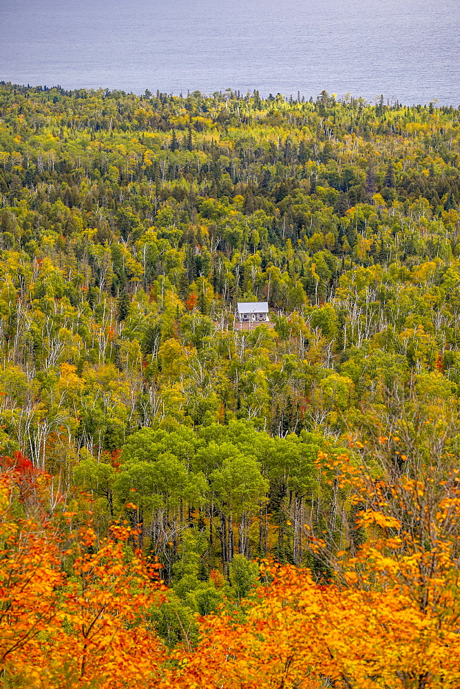 Scenic view of forest with log cabin, Oberg Mountain hiking trail, Tofte, Minnesota, USA