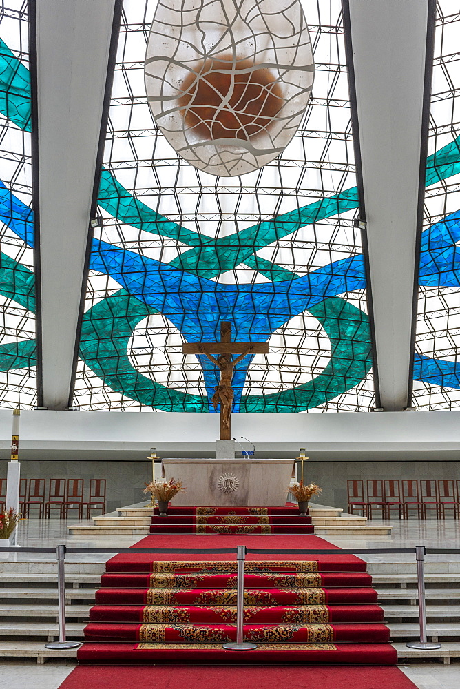 Stained glass windows and altar inside of Brasilia Cathedral, Brasilia, Brazil