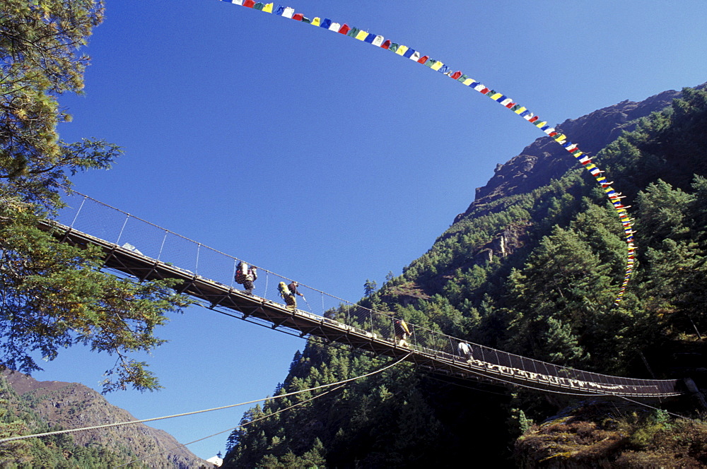 People Walking Across A Rope Bridge