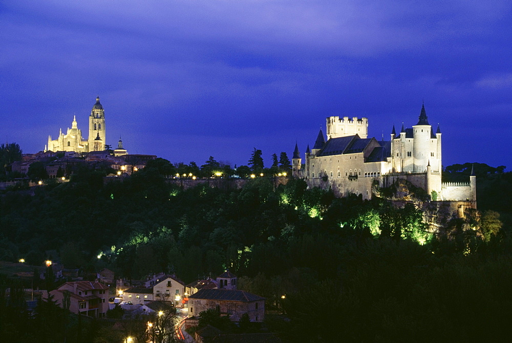 The Alcazar And Segovia Cathedral At Night, Segovia, Spain