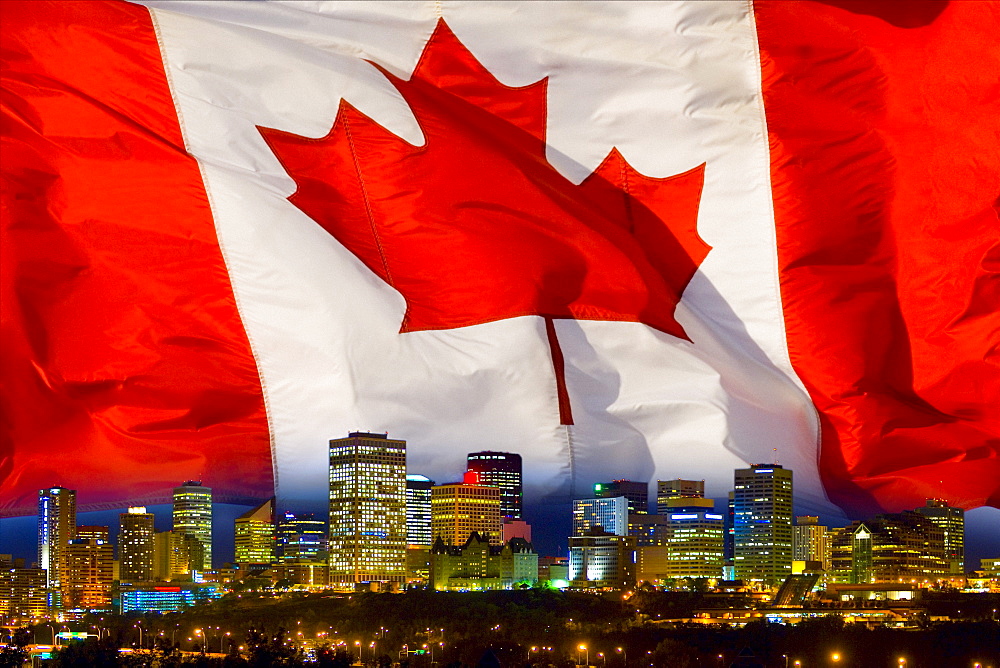 Flag Of Canada Over Alberta's Capital City, Edmonton, Alberta, Canada