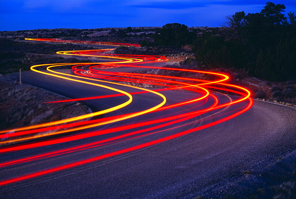 Streaking Car Lights On Road, Utah, Usa