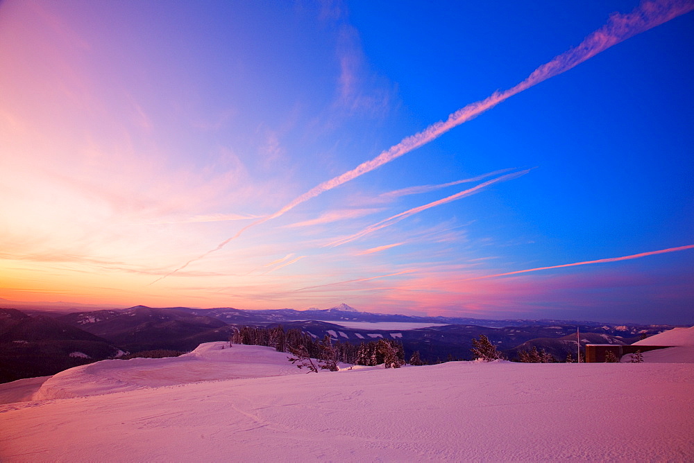 Sunset Over Winter Landscape, Mount Hood, Oregon, United States Of America