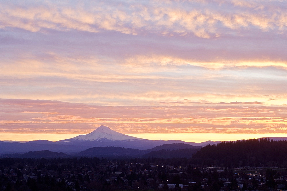 Sunrise Over Mount Hood From Portland, Oregon, Usa