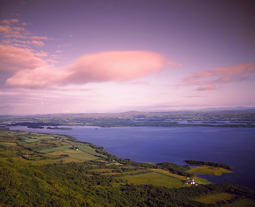 High Angle View Of Lake And Farmscape At Sunset, Ireland