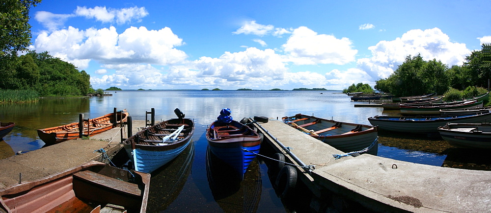 Lough Corrib Near Oughterard, Co Galway, Ireland, Boats Moored On The Lake