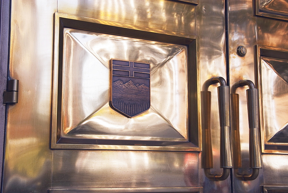 Calgary, Alberta, Canada, Golden Doors Of The Old Courthouse With The Alberta Crest On Them