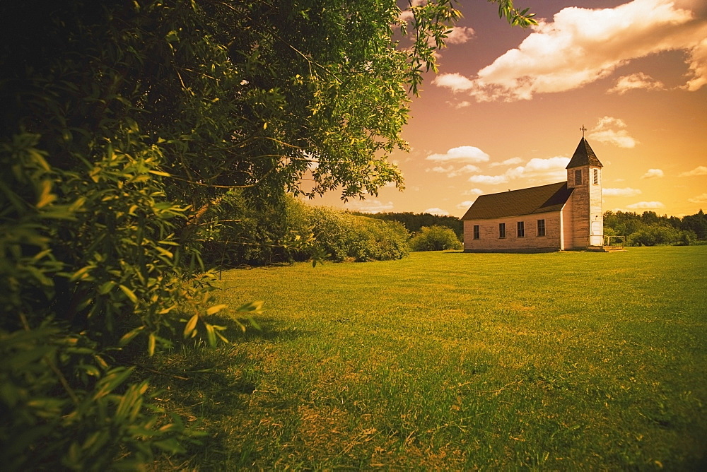 Alberta, Canada, An Old Church In A Field