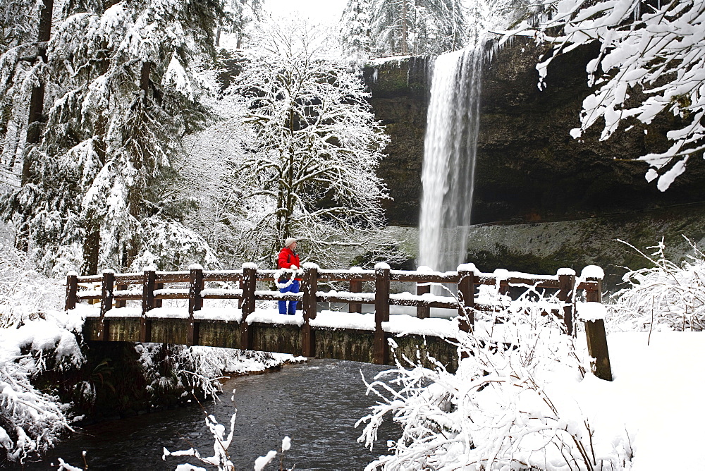 A Person Standing On A Snow Covered Bridge Watching A Waterfall In Winter