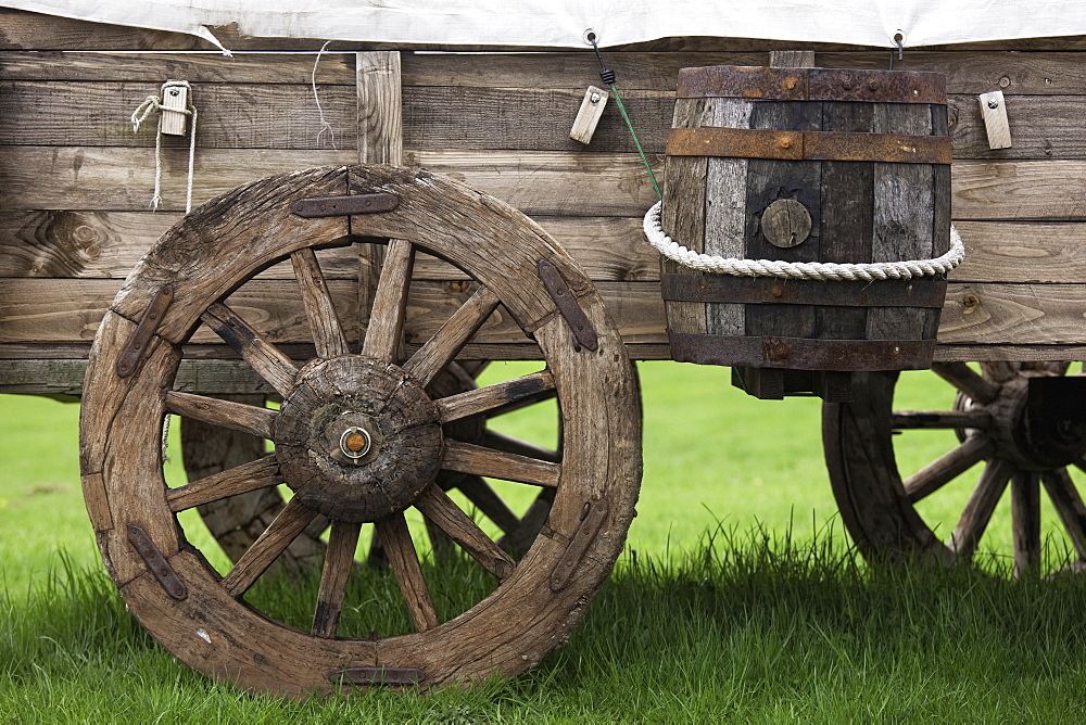 Northumberland, England, An Old Wooden Carriage With A Barrel Strapped To The Side