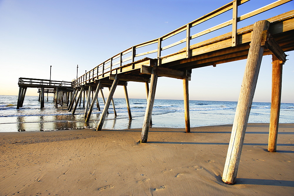 View Of Pier And Beach At Sunrise, New Jersy, Usa.