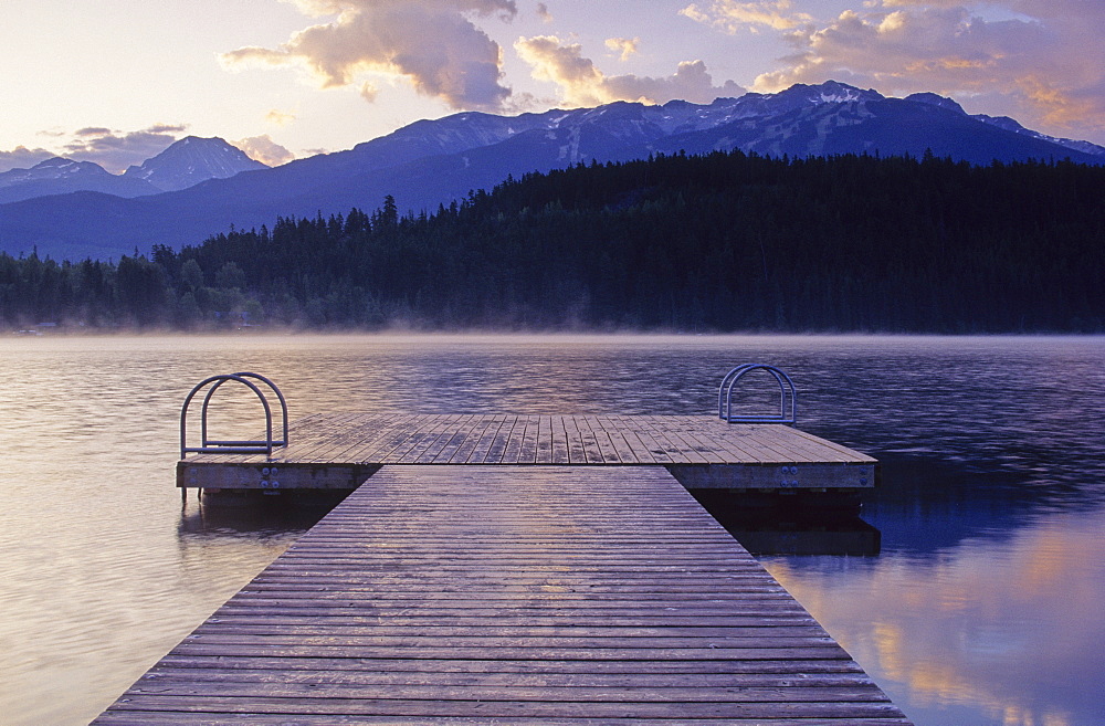 Alta Lake At Dawn, With Dock In Foreground And Blackcomb Mtn Behind