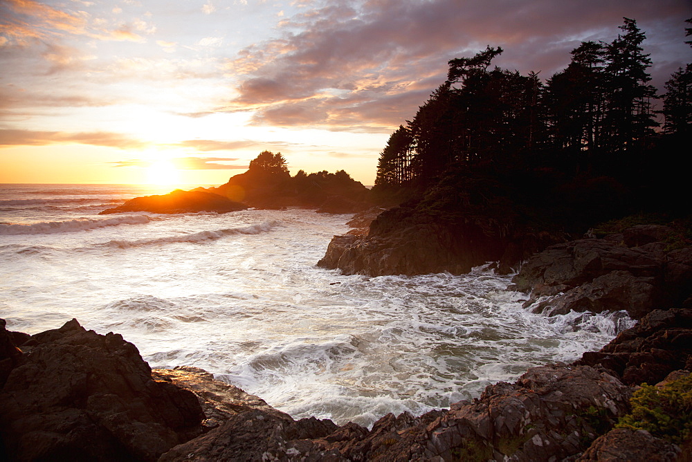 Waves At Cox Bay And Sunset Point At Sunset Near Tofino, British Columbia, Canada