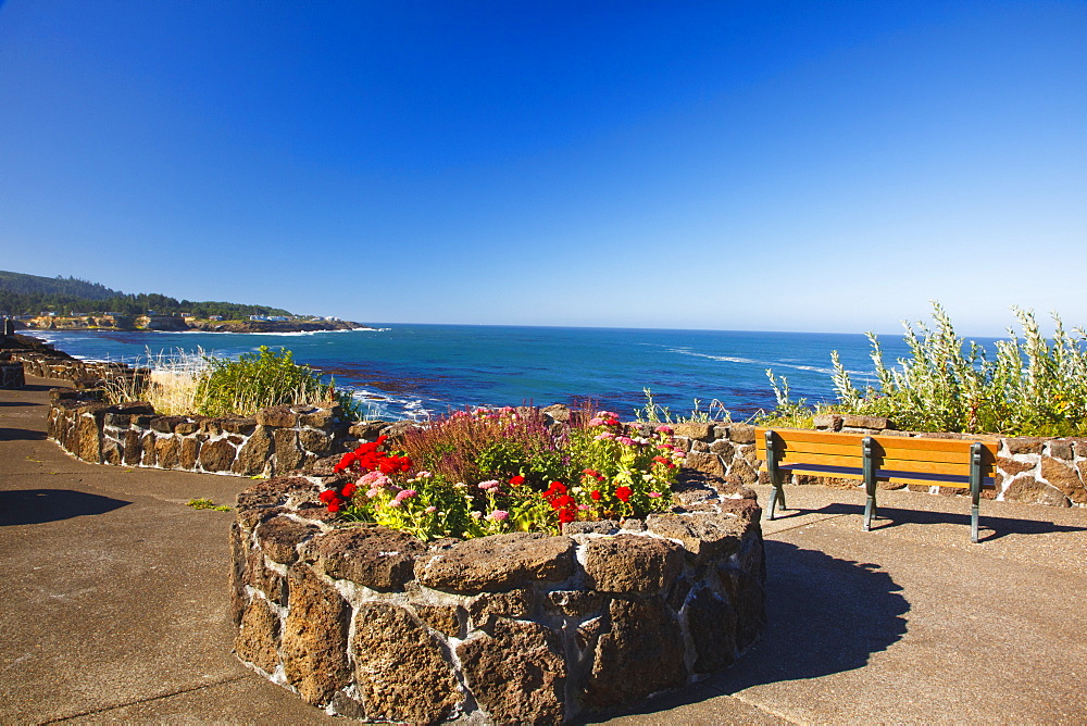 Flowers And Benches Along The Coast, Depoe Bay, Oregon, United States of America